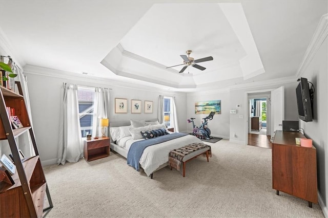 1622 Gates Pl NW, Atlanta, GA 30318 - bedroom featuring a raised ceiling, light carpet, ornamental molding, and ceiling fan