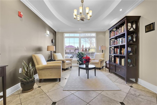 sitting room featuring a tray ceiling, light tile patterned floors, crown molding, and a notable chandelier