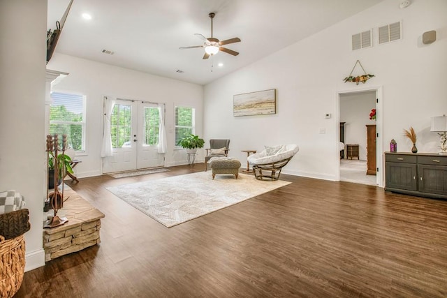 594 Maner Rd, Rockmart, GA 30153 - living area with french doors, ceiling fan, wood finished floors, baseboards, and high vaulted ceiling