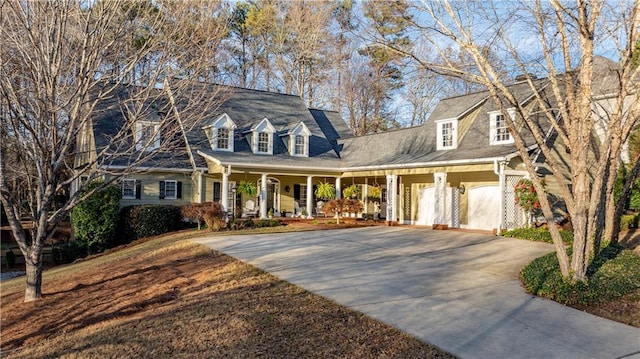 cape cod home with a garage and covered porch