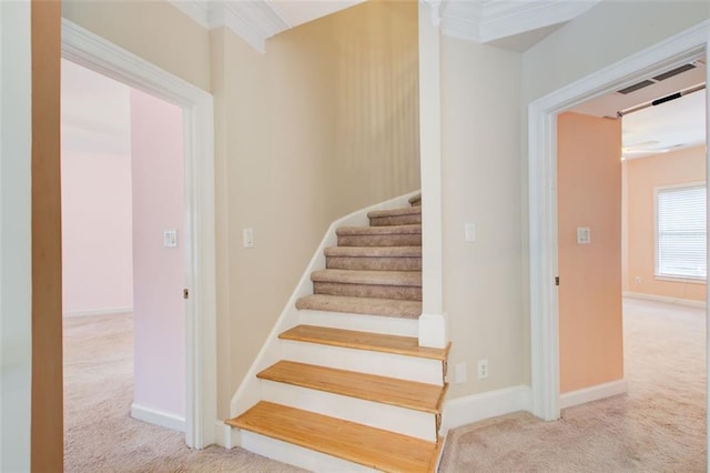 stairway with baseboards and carpet floors