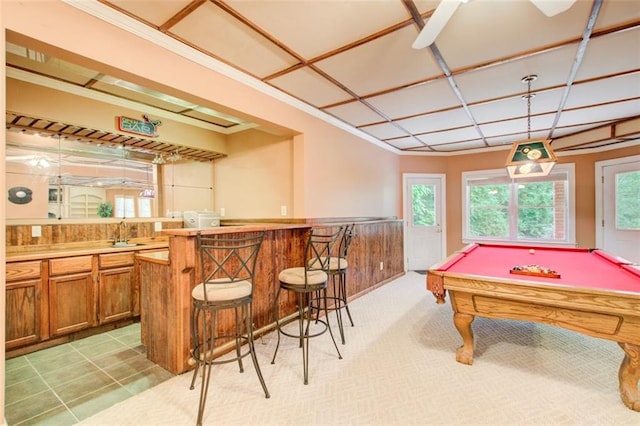 rec room with a sink, bar, ornamental molding, and pool table