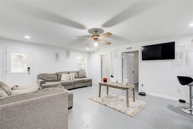 living room with a ceiling fan, recessed lighting, baseboards, and visible vents