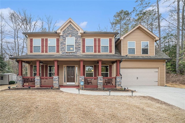 craftsman-style house with a porch and a garage