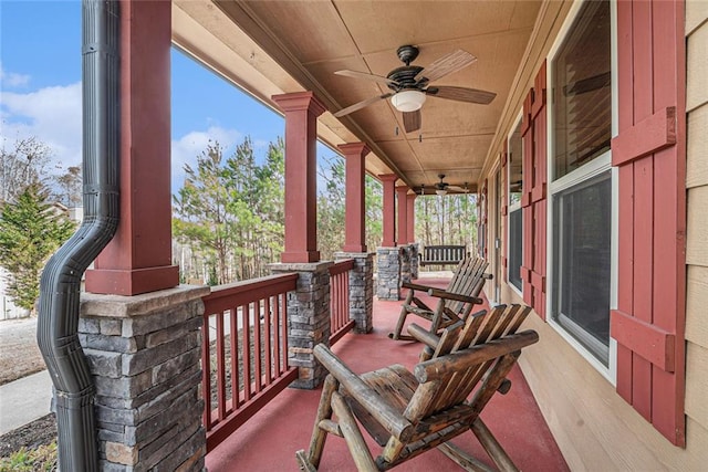 view of patio featuring ceiling fan and covered porch