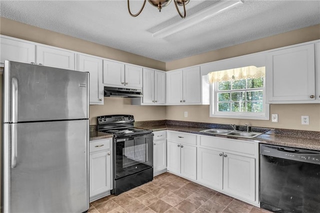 kitchen with sink, white cabinetry, and black appliances