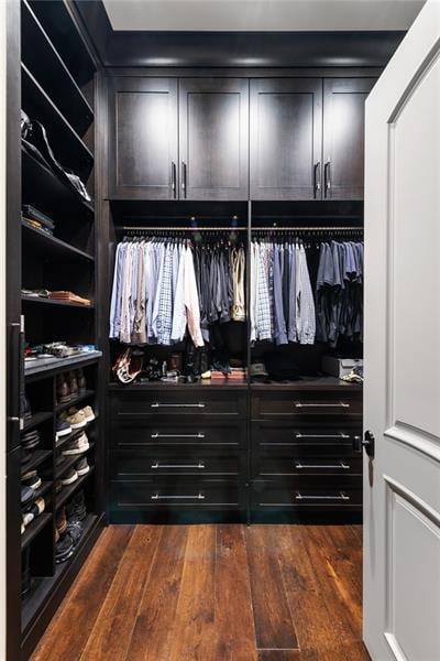 walk in closet with dark wood-style floors