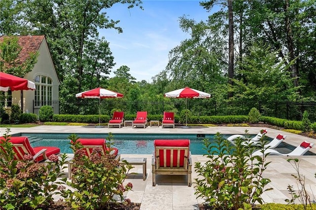 view of pool with a patio, fence, and a fenced in pool