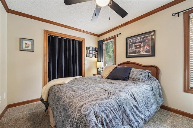 2011 Sturbridge Ln, Buford, GA 30519 - bedroom with carpet flooring, baseboards, a textured ceiling, ornamental molding, and ceiling fan