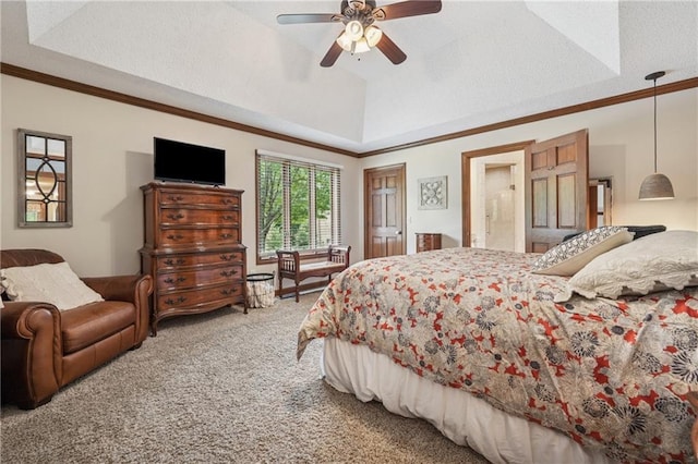 2011 Sturbridge Ln, Buford, GA 30519 - carpeted bedroom with a tray ceiling, ornamental molding, and a ceiling fan