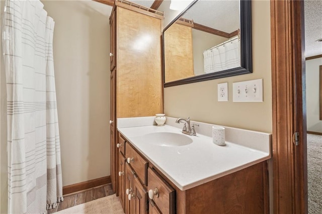 2011 Sturbridge Ln, Buford, GA 30519 - bathroom with vanity, baseboards, a textured ceiling, and a shower with curtain