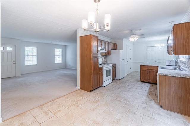 4307 Windward Ln, Norcross, GA 30093 - kitchen featuring a chandelier, white appliances, brown cabinetry, light colored carpet, and backsplash