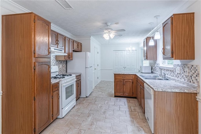 4307 Windward Ln, Norcross, GA 30093 - kitchen featuring white appliances, under cabinet range hood, ceiling fan, tasteful backsplash, and light countertops