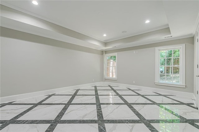 spare room featuring ornamental molding and a raised ceiling