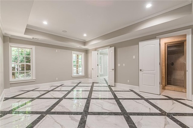 spare room featuring ornamental molding and a tray ceiling