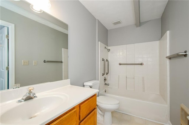 full bathroom with toilet, vanity, and shower / tub combination