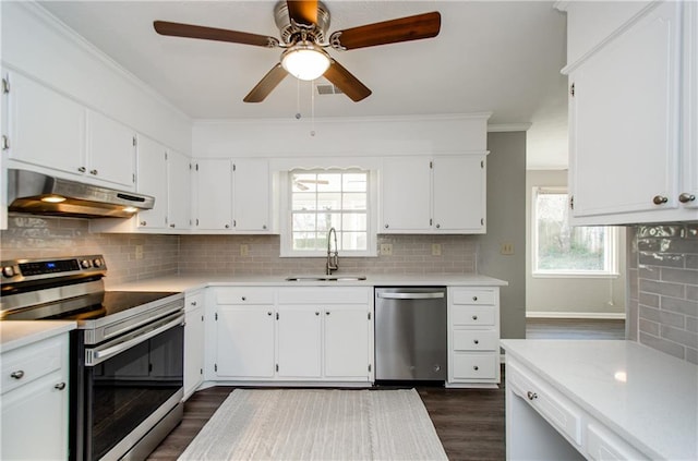 kitchen with stainless steel appliances, ceiling fan, sink, white cabinetry, and tasteful backsplash