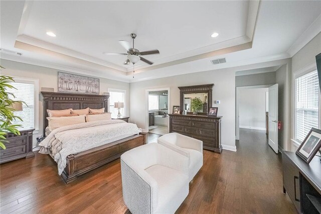 6626 Sterling Dr, Sandy Springs, GA 30328 - bedroom featuring a raised ceiling, dark wood-type flooring, recessed lighting, crown molding, and ensuite bath