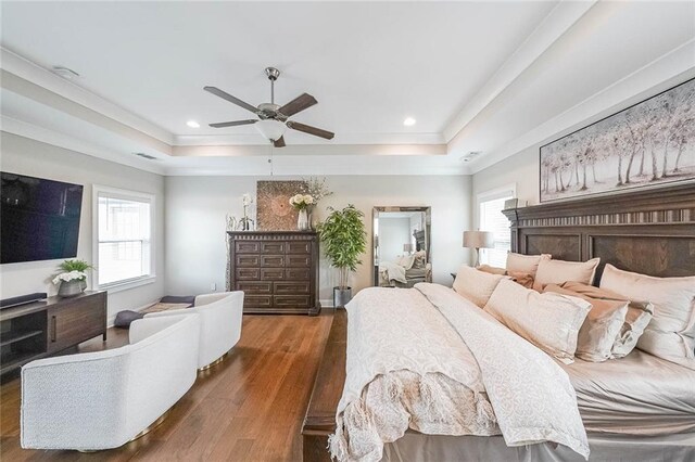 6626 Sterling Dr, Sandy Springs, GA 30328 - bedroom with a raised ceiling, wood finished floors, recessed lighting, crown molding, and a ceiling fan
