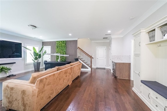 6626 Sterling Dr, Sandy Springs, GA 30328 - living area with stairs, dark wood-style floors, ornamental molding, recessed lighting, and baseboards