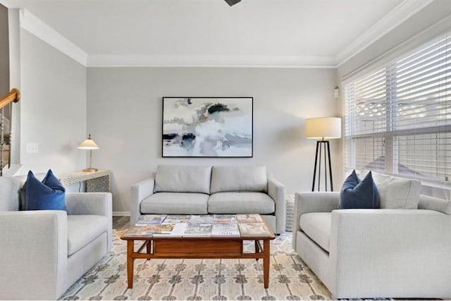 living room with crown molding