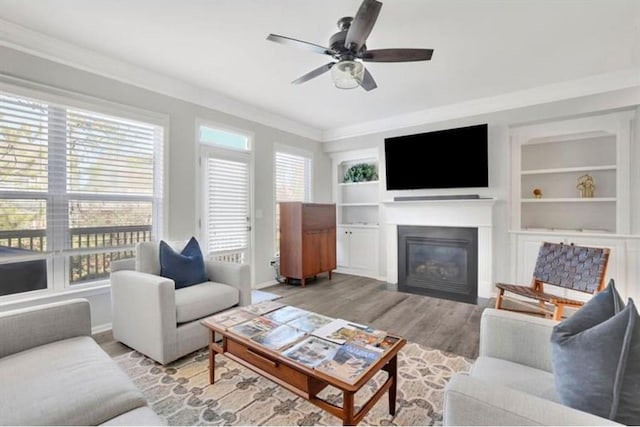 living area featuring a glass covered fireplace, a healthy amount of sunlight, a ceiling fan, and wood finished floors