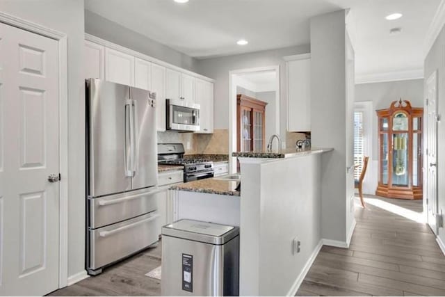 kitchen featuring white cabinets, appliances with stainless steel finishes, stone countertops, and wood finished floors