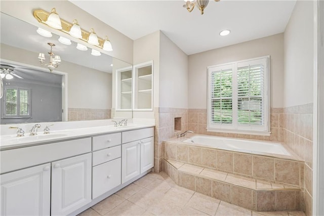 2655 Nesbit Trl, Alpharetta, GA 30022 - bathroom featuring double vanity, a garden tub, tile patterned flooring, a chandelier, and ceiling fan