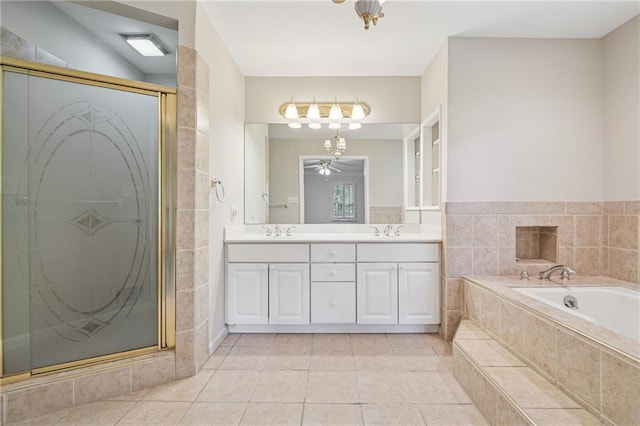 2655 Nesbit Trl, Alpharetta, GA 30022 - full bathroom with double vanity, a garden tub, a shower stall, and tile patterned floors