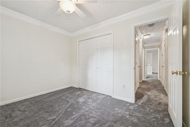 2655 Nesbit Trl, Alpharetta, GA 30022 - unfurnished bedroom featuring carpet flooring, ornamental molding, a closet, and ceiling fan
