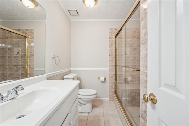 2655 Nesbit Trl, Alpharetta, GA 30022 - full bathroom with vanity, a shower stall, a textured ceiling, tile patterned flooring, and ornamental molding