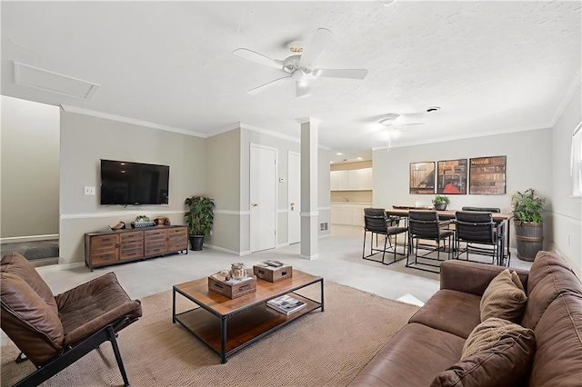 2655 Nesbit Trl, Alpharetta, GA 30022 - carpeted living area with a ceiling fan and crown molding