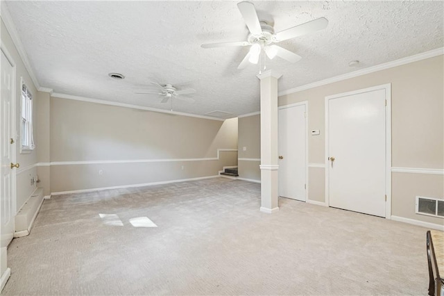 2655 Nesbit Trl, Alpharetta, GA 30022 - unfurnished living room with a ceiling fan, a textured ceiling, light colored carpet, and crown molding