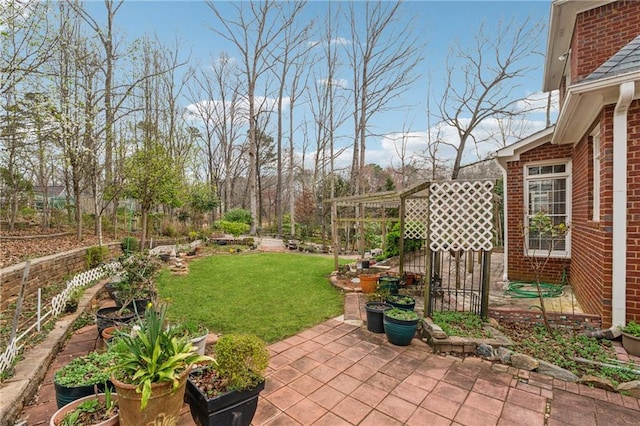 view of yard with fence, a vegetable garden, and a patio area