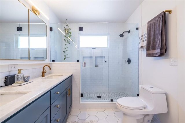 full bathroom with plenty of natural light, a sink, toilet, and a shower stall