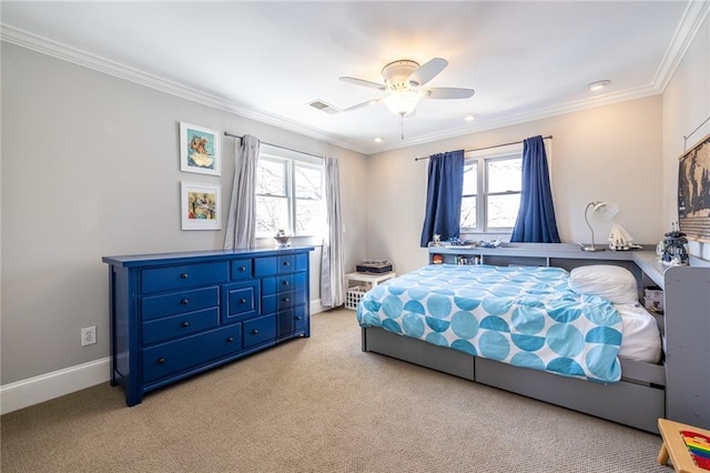 bedroom with light colored carpet, visible vents, and multiple windows