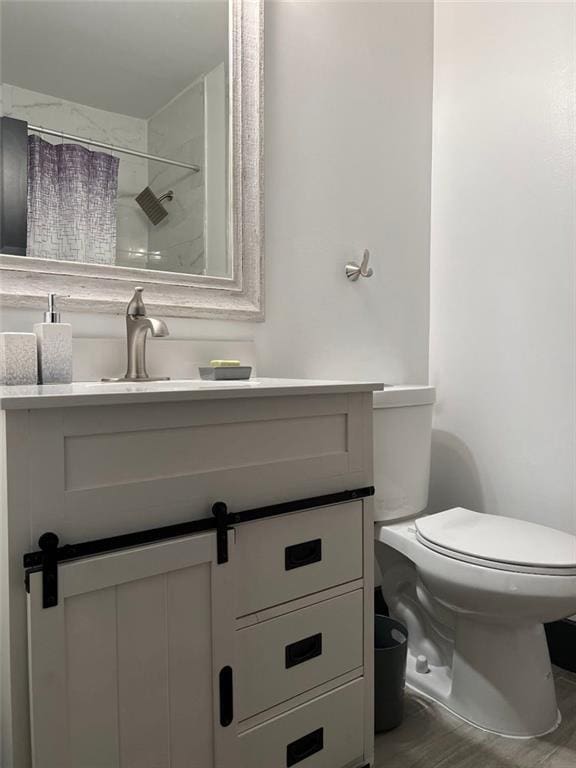 bathroom featuring toilet, a shower with curtain, and vanity