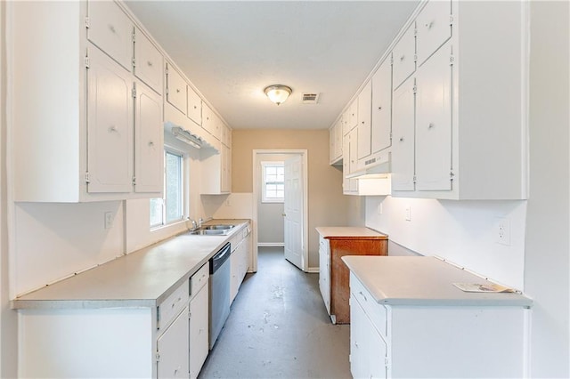 kitchen with visible vents, light countertops, concrete flooring, under cabinet range hood, and stainless steel dishwasher