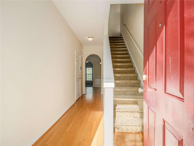 staircase featuring hardwood / wood-style flooring