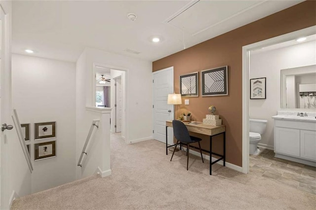 1315 Aura Ln, Lawrenceville, GA 30045 - home office featuring attic access, light carpet, and recessed lighting