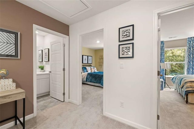 1315 Aura Ln, Lawrenceville, GA 30045 - hall featuring light carpet and attic access