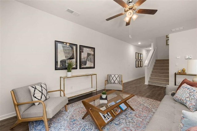 1315 Aura Ln, Lawrenceville, GA 30045 - living room with stairway, wood finished floors, a ceiling fan, and recessed lighting