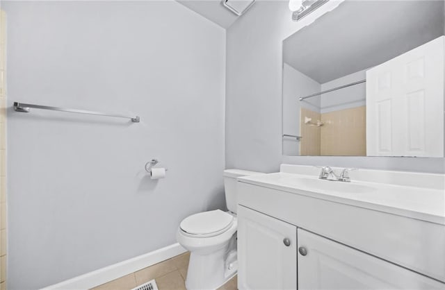 bathroom featuring tile patterned floors, toilet, vanity, and a shower