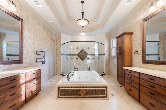 full bath with crown molding, visible vents, vanity, a tub with jets, and wallpapered walls