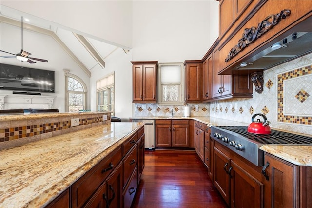 kitchen with light stone counters, stainless steel gas cooktop, dark wood-style flooring, a wealth of natural light, and custom range hood