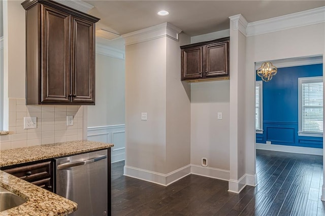 kitchen with dishwasher, ornamental molding, dark brown cabinets, and light stone counters