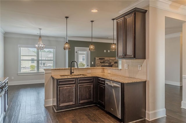 kitchen featuring stainless steel dishwasher, dark brown cabinetry, kitchen peninsula, and sink