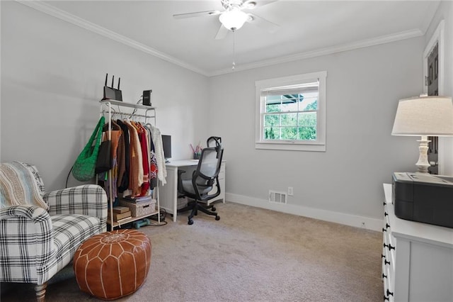 carpeted office featuring ornamental molding, baseboards, and ceiling fan