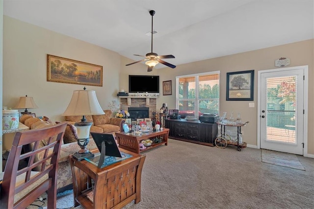 living room featuring carpet floors and ceiling fan