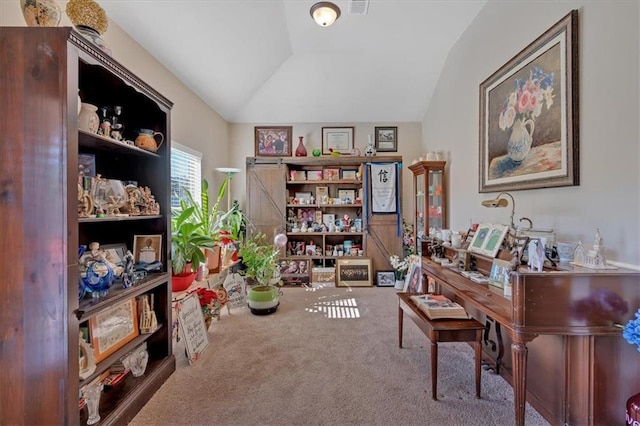 office space featuring lofted ceiling and carpet floors